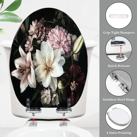 Toilet Seat Elongated Resin for Bathroom with floral design, stainless steel hinges, and grip-tight bumpers.