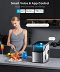 Woman in kitchen using Smart Ice Maker Countertop With Voice Control And WiFi, next to fresh fruit and drinks.