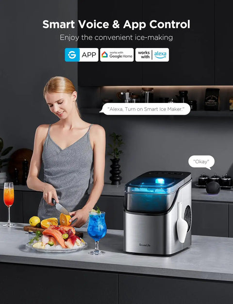 Woman in kitchen using Smart Ice Maker Countertop With Voice Control And WiFi, next to fresh fruit and drinks.