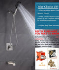 Brushed Nickel Shower Faucet Set With Tub Spout 4 Setting Handheld Shower Rough In Anti Scald Pressure Balanced Valve Included Wall Mounted Bathtub Shower System displayed with water flow.