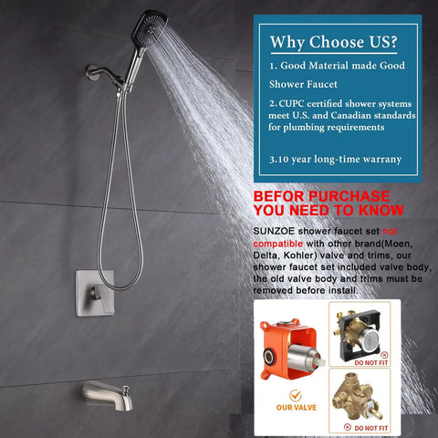 Brushed Nickel Shower Faucet Set With Tub Spout 4 Setting Handheld Shower Rough In Anti Scald Pressure Balanced Valve Included Wall Mounted Bathtub Shower System displayed with water flow.