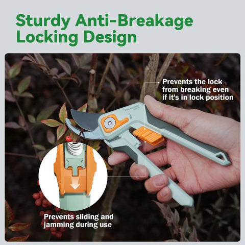 Hand holding Pro Grade Bypass Pruning Shears For Gardening, 1 Inch Cut Capacity, showcasing anti-breakage locking design