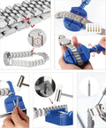 All In One Pro Grade Watch Repair Kit With Link Removal And Pin Removal Tools, Spring Bar Tool, Spare Pins, Bracelet Sizing Adjuster, Pin Punches And Hammer For Easy Band Resizing And Strap Replacement, Cleaning Cloth Included in use