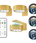 3 Pack Wireless Picture Lights For Wall, Battery Operated Poster Lamps With Polished Gold Finish, showcasing remote and mounted lighting.
