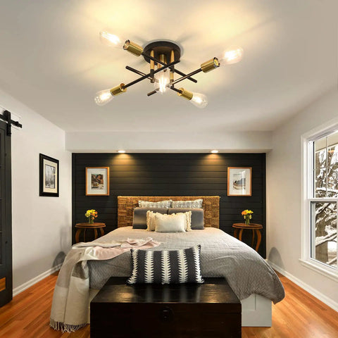 Bedroom with Five Light Dope Farmhouse Semi Flush Mount Ceiling Light Fixture With E26 Base Modern Matte Black And Gold Sputnik Chandelier.