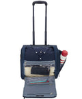 Open smart underseat carry-on with USB charging, navy blue, showing interior compartments with packed clothing and water bottle holder.