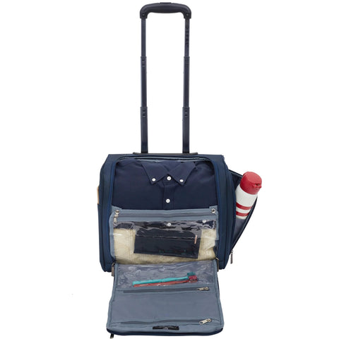 Open smart underseat carry-on with USB charging, navy blue, showing interior compartments with packed clothing and water bottle holder.