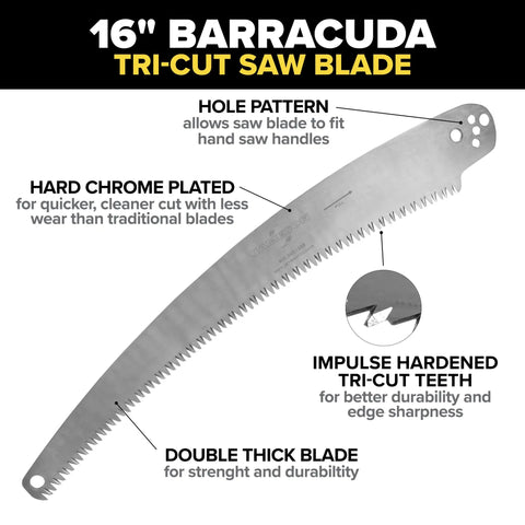 16-Inch Barracuda Tri-Cut Replacement Blade For Pole Saws And Hand Saws, Hard Chrome Plated Teeth, Impulse Hardened For Cleaner Cuts, Durable Saw Blade Compatible With Poles And Hand Saws