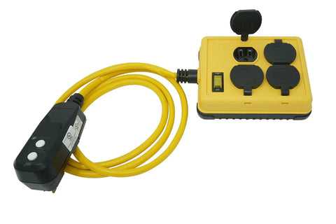 GFCI Quad Box With Right Angle Duplex For Outdoor Worksite Gear 125V 15A 14 3 SJTW Yellow Inline Power For Tools And Workshops Glowing Plug Cord Indicator Light