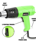 Dual Temperature 1200W Heat Gun Corded Hot Air Blower For Vinyl Wrap Paint Stripping Adhesives Nuts And Bolts Crafting And DIY Projects 482F To 842F 120V Shop Heating Tool with green casing, heat nozzle, hanger loop, 3 position trigger and 6 ft power cord