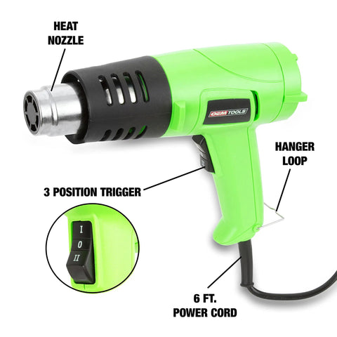Dual Temperature 1200W Heat Gun Corded Hot Air Blower For Vinyl Wrap Paint Stripping Adhesives Nuts And Bolts Crafting And DIY Projects 482F To 842F 120V Shop Heating Tool with green casing, heat nozzle, hanger loop, 3 position trigger and 6 ft power cord