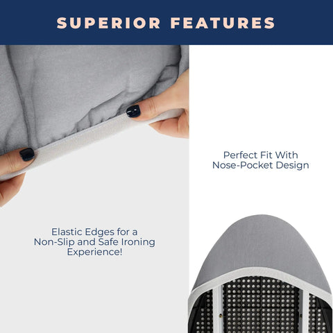 Extra Thick Ironing Board Cover And Pad With Four Layer Padding, Heavy Duty, nose-pocket design, elastic edges shown