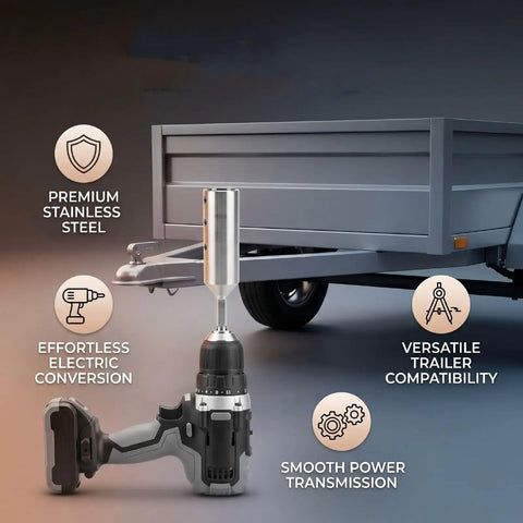 Kickass Heavy Duty Stainless Steel Electric Drill Adapter for Trailer Jack on electric drill for easy trailer lifting.