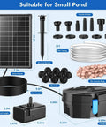 Components of Solar Pond Filter With Fountain Pump Kit 8W for small pond, including solar panel, nozzles, bio balls, and tubing.