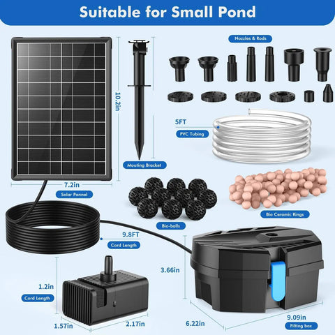Components of Solar Pond Filter With Fountain Pump Kit 8W for small pond, including solar panel, nozzles, bio balls, and tubing.