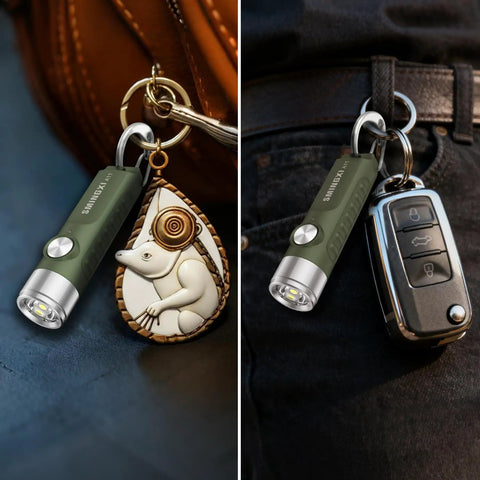500 Lumen Rechargeable Keychain Flashlight With Magnetic Base USB C EDC Pocket Light attached to keyring and bag.