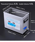 6.5L Heated Ultrasonic Cleaner With Digital Timer And Heater Deep Cleaning For Carburetors, Engine Parts, Jewelry, Tools, Eyeglasses, Industrial grade Stainless Steel Bath Ultra Sonics Machine with dimensions labeled.