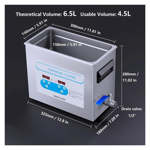6.5L Heated Ultrasonic Cleaner With Digital Timer And Heater Deep Cleaning For Carburetors, Engine Parts, Jewelry, Tools, Eyeglasses, Industrial grade Stainless Steel Bath Ultra Sonics Machine with dimensions labeled.