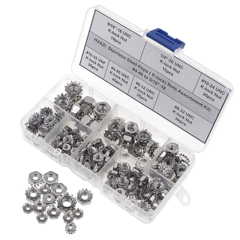 Stainless Steel Keps Nuts With K-Lock Lock Washers And Tooth Washers Hex Nuts Assortment Kit 170 Pieces Sizes 4-40 To 5/16-18 UNC