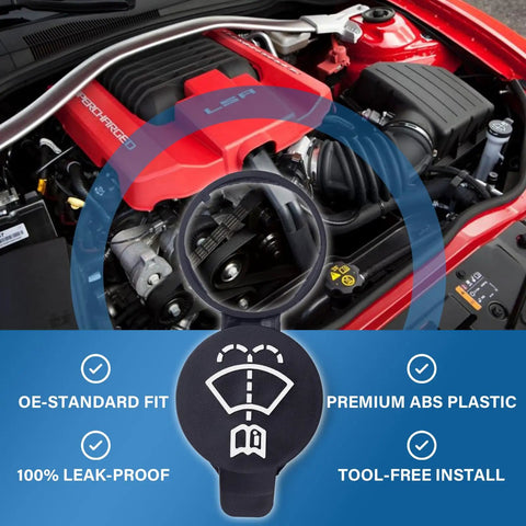 Two Pack Windshield Washer Fluid Reservoir Cap Leak Proof Seal Fits GMC Silverado Chevy Cadillac ATS Buick OE Numbers 13227300 19172571 12767700 12788573, shown in engine bay with features highlighted.