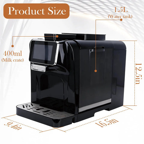 Top Shelf Fully Automatic Espresso Coffee Machine With Built In Milk Cooler And Precision Burr Grinder showing dimensions 16.5in x 12.5in x 9.4in.