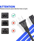 2 Prong 5Ft Power Cord For PlayStation And Xbox Consoles, Gamer Ready Replacement Cable, Compatible With PS5 PS4 PS4 Slim PS3 Slim Super Slim, Xbox Series S X, Xbox One S X, 18 AWG Figure 8 IEC320 C7 black 2-pin cable shown with compatible and incompatible plugs