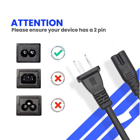 2 Prong 5Ft Power Cord For PlayStation And Xbox Consoles, Gamer Ready Replacement Cable, Compatible With PS5 PS4 PS4 Slim PS3 Slim Super Slim, Xbox Series S X, Xbox One S X, 18 AWG Figure 8 IEC320 C7 black 2-pin cable shown with compatible and incompatible plugs