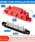 Heavy Duty 12V Bus Bar Power Distribution Block 250A showing dimensions and connection points for installation.