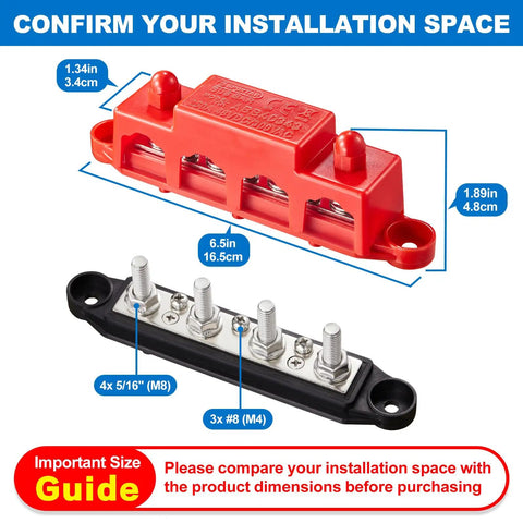 Heavy Duty 12V Bus Bar Power Distribution Block 250A showing dimensions and connection points for installation.