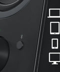 Bluetooth 2.0 Desktop Speakers With 3.5mm Aux Cable, close-up of connectivity icons for seamless easy switch audio across devices.