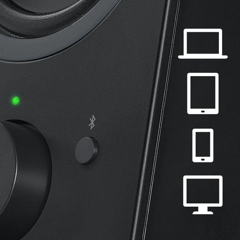 Bluetooth 2.0 Desktop Speakers With 3.5mm Aux Cable, close-up of connectivity icons for seamless easy switch audio across devices.