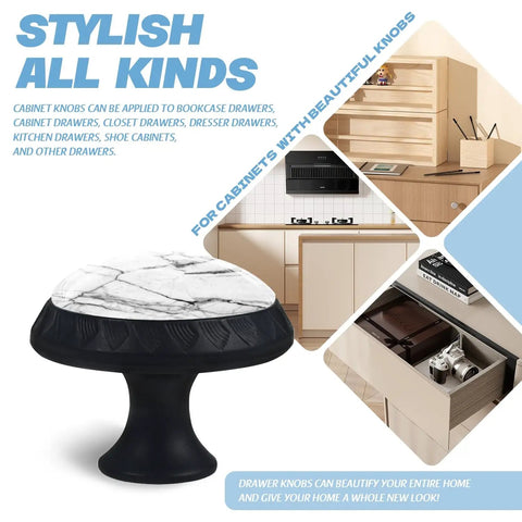 Totally Fresh White And Black Marble Crystal Cabinet Knobs Mushroom Drawer Pulls For Kitchen Bathroom Decor with smooth finish.