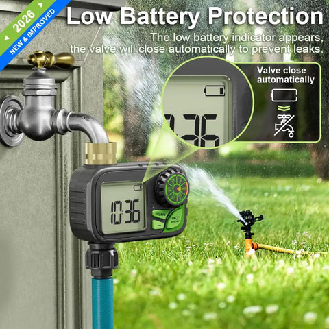 Plug And Play Sprinkler Timer For Your Yard: Programmable Digital Hose Timer With Rain Delay, Manual And Automatic Watering Outdoor Waterproof Irrigation Controller With Brass Inlet One Outlet connected to a garden faucet with hose.