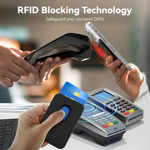 MagSafe Leather Card Holder With Beefy Magnetic RFID Shield For iPhone 12 Through 17 Series Pro And Pro Max Stick On Wallet Case N52 Magnets RFID Blocking Slim Black next to a payment terminal.