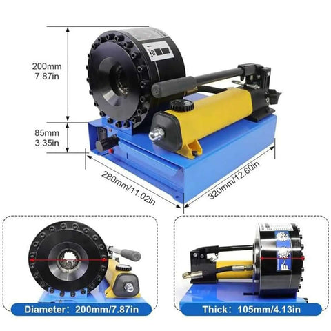 Portable Hydraulic Hose Crimping Tool Kit With 8 Die Sets; close-up of press crimper dimensions shown.