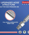 Heavy Duty Air Compressor Quick Connect Jumper Hose 20 Inch Long featuring braided stainless steel and quarter NPT male connection.