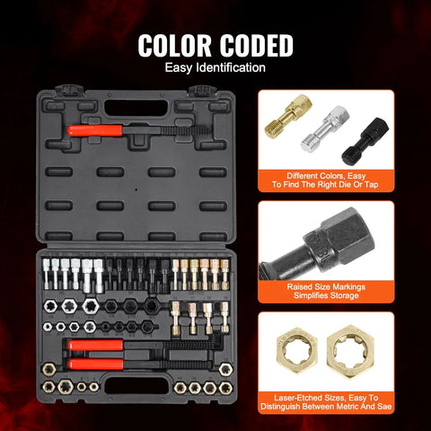 VEVOR 49-piece thread chaser set with UNC/UNF and metric taps, dies and files in heat-treated steel case.