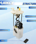 Diagram of Electric Fuel Pump Module Assembly for Ford F150 2009 2014 with labeled parts: connector, fuel outlet, oil level sensor.
