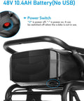 Electric Bike For Adults 26 Inch Commuter E Bike With 48V 500Wh Removable Battery Fast Charge 7 Speed Gears LCD Display Suspension Fork Cruise Control UL2849 Certified Ride Ready showing battery with power switch.