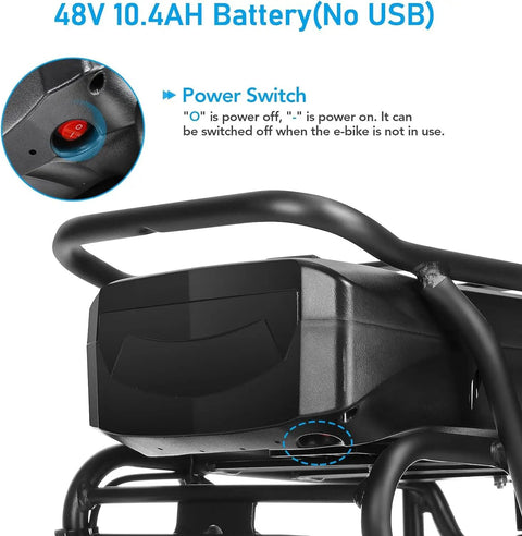 Electric Bike For Adults 26 Inch Commuter E Bike With 48V 500Wh Removable Battery Fast Charge 7 Speed Gears LCD Display Suspension Fork Cruise Control UL2849 Certified Ride Ready showing battery with power switch.