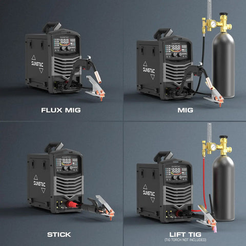 Sunstac 180A MIG Welder With Synergic LCD Control And Dual Voltage Power Up To 220V For Home Shop Projects Supporting Four Arc Modes including Flux Core Stick And Lift TIG in compact design