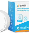 Matter Enabled Smart Smoke Detector Leveraging Local Thread Connectivity Works Smoothly With Apple Home And Alexa, compact design, white.