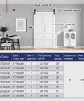 Image showing Double 24x84 Bi Fold Barn Doors White With 52 Inch Hardware Kit installed in a living room setup, track length and clearance details visible.