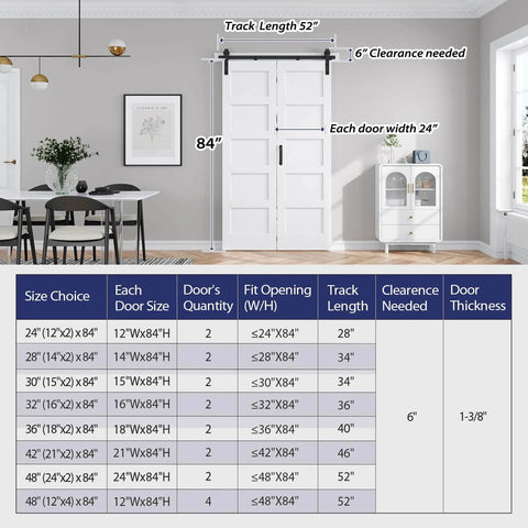 Image showing Double 24x84 Bi Fold Barn Doors White With 52 Inch Hardware Kit installed in a living room setup, track length and clearance details visible.