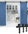 Heavy Duty Sliding Barn Door Hardware Kit For Double Doors Beefed Up Adjustable Track From 122-400Cm Bypass Sliding System with blue doors.