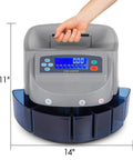 Pro Level Automatic Us Coin Sorter And Lcd Counter with dimensions 11 inches by 14 inches, featuring a digital display and coin compartments.