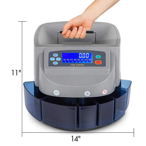 Pro Level Automatic Us Coin Sorter And Lcd Counter with dimensions 11 inches by 14 inches, featuring a digital display and coin compartments.