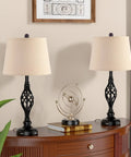 Vintage Table Lamps Set Of 2 With Dual USB Charging Ports on a wooden console, featuring a 27 Inch Retro Spiral Cage Base and linen shades.