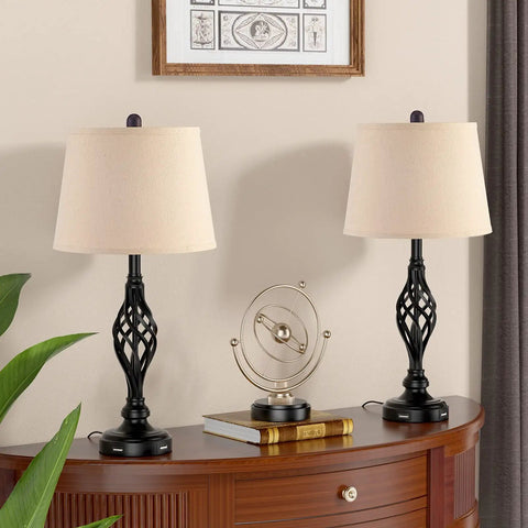 Vintage Table Lamps Set Of 2 With Dual USB Charging Ports on a wooden console, featuring a 27 Inch Retro Spiral Cage Base and linen shades.