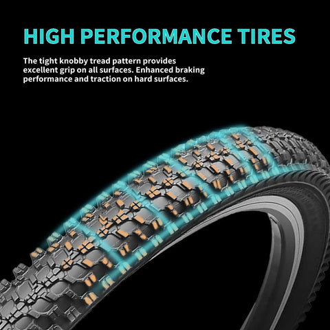 Close-up of 26x1.95 mountain bike tire tread, labeled 'High Performance' for 2 Pack 26 Inch Bike Tires 26x1.95 Mountain Bike Tires for MTB Off Road Folding Replacement Tire with Schrader Valve Inner Tubes Tire Levers and Rim Strips Included.